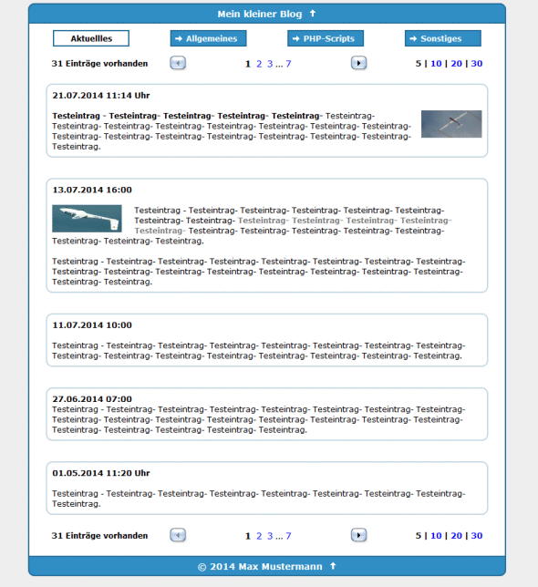 Screenshot Beispiel Frontend mit Buttons zu den Themen-Bereichen