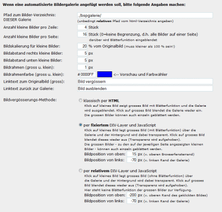 Screenshot der Einstellungen zur automatisierten Bildergalerie