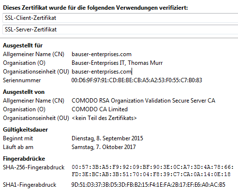 Screenshot Browserinformationen zu unserem Zertifikat
